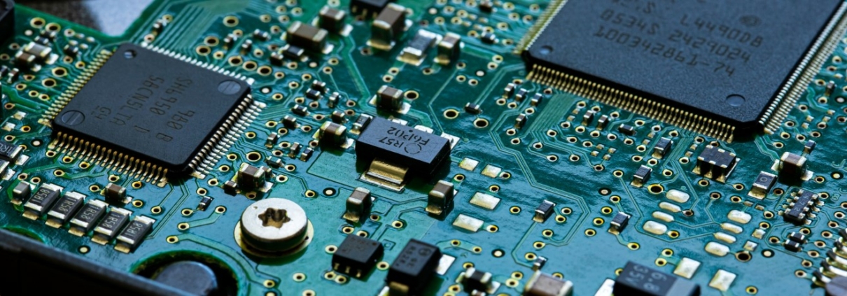 Macro Close up of components and microchips on PC circuit board