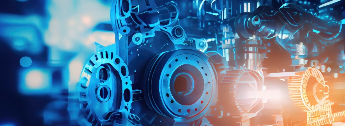 Abstract blue background of technology graphic and automation wireless control robotic machine in smart factory with flare light effect.